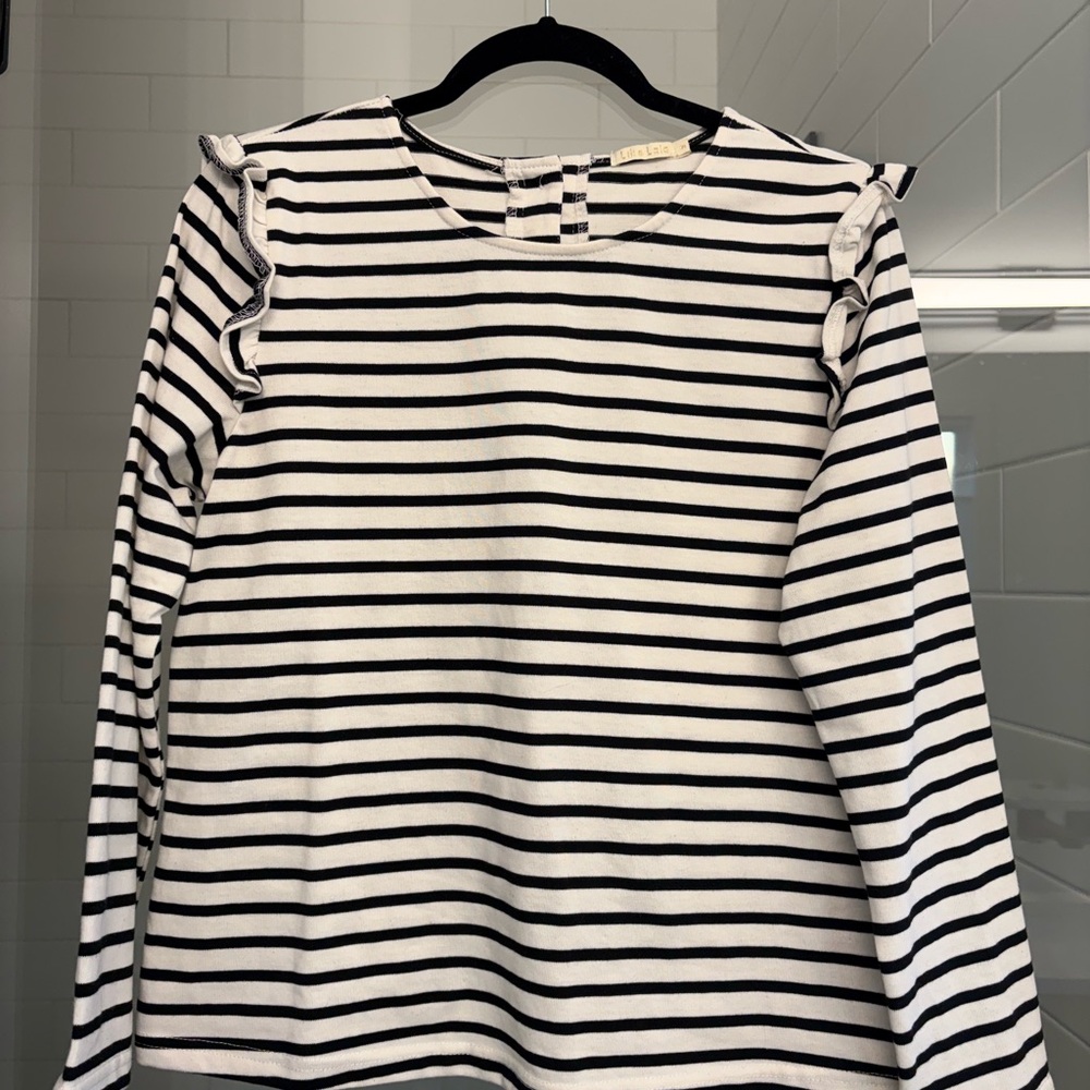 Striped Black and White Ruffle Sleeve Blouse